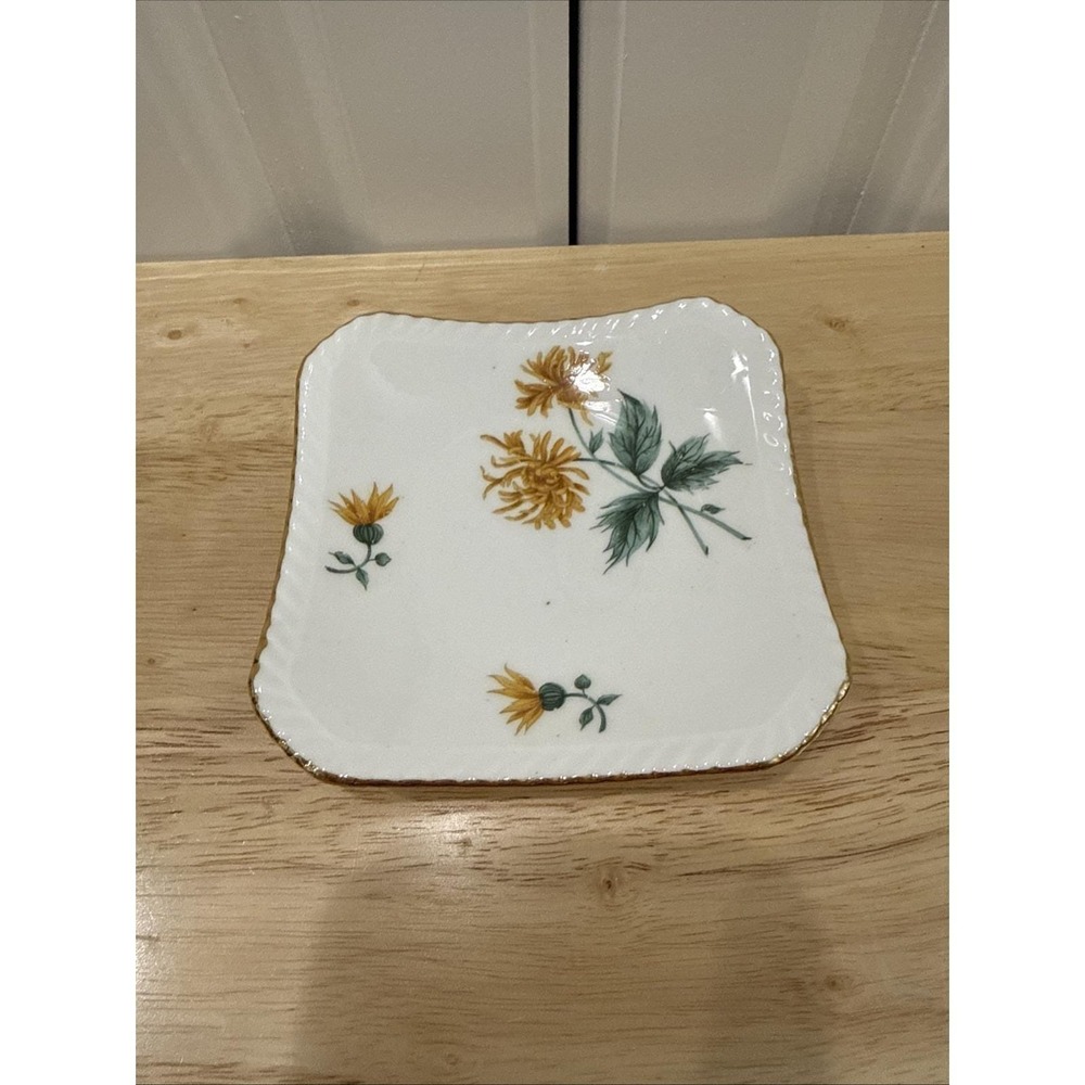 Adderley Floral Bone China Pin Trinket Dish Yellow Gold Rim 4" Vintage